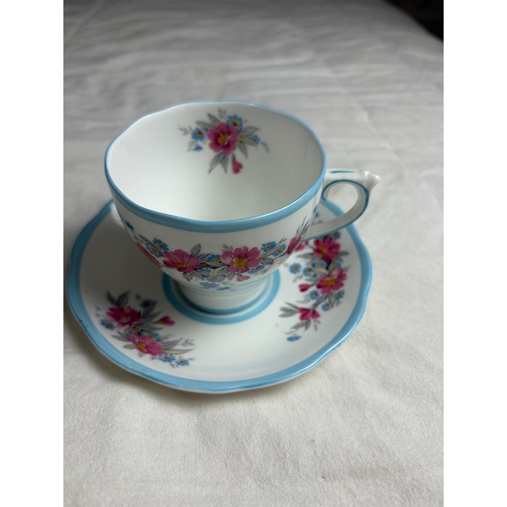 Vintage Roslyn China England Floral Tea Cup/Saucer Set Blue Pink Cottagecorp